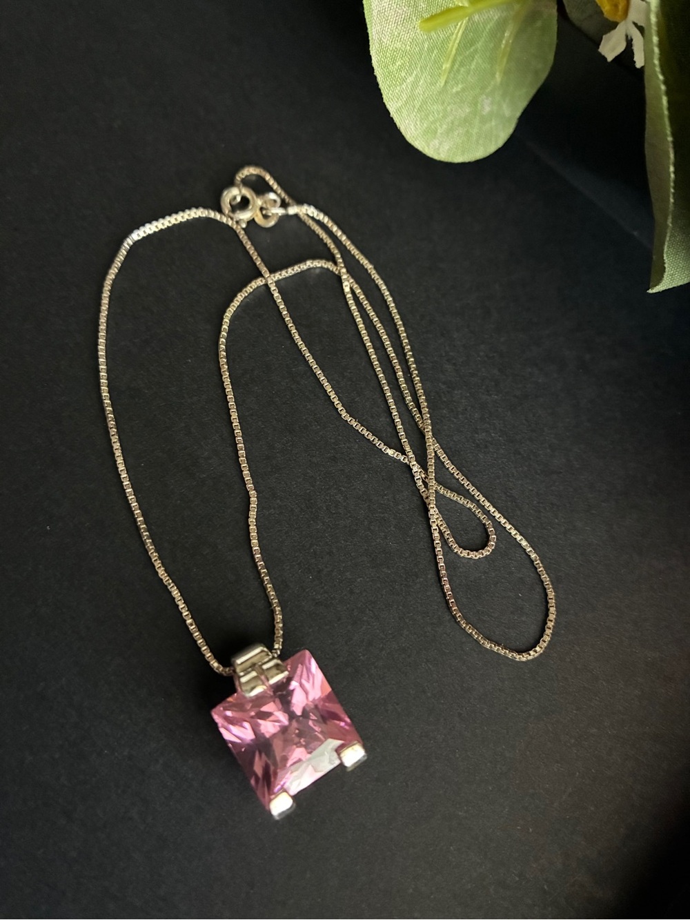 925 Silver Necklace with Pink Square Crystal Pendant 17”